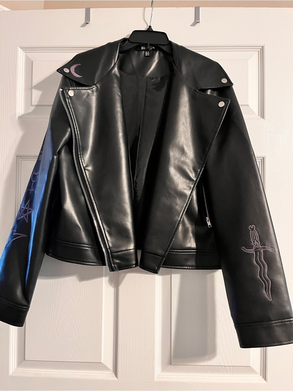 Disturbia Black Faux Leather Moto Jacket with Purple Embroidered Accents